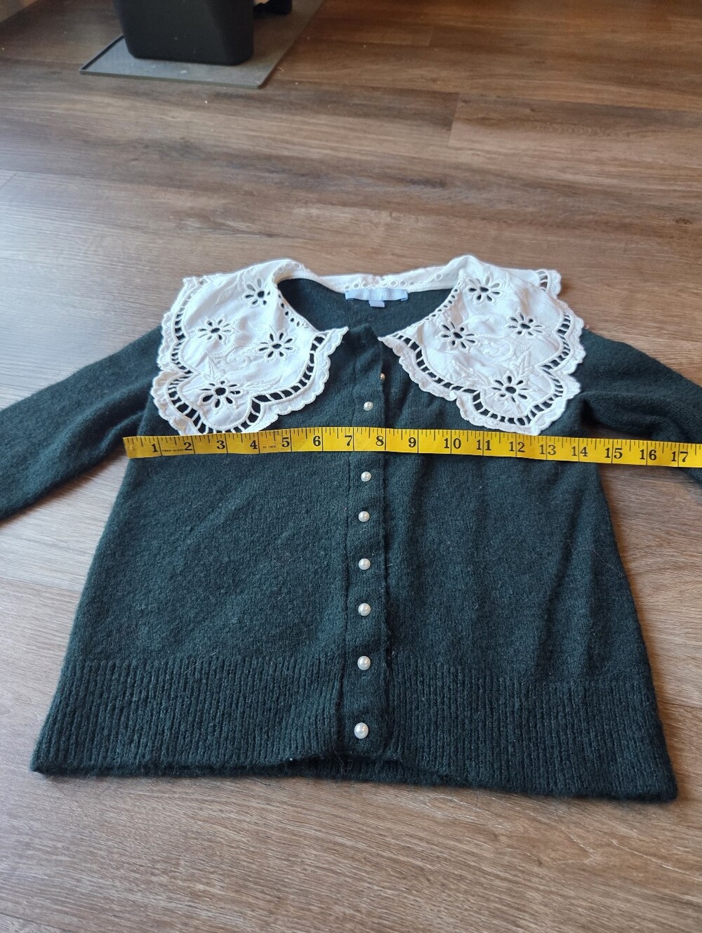 Antonio Melani Wool Blend Sweater Cardigan White Embroidered Peter Pan Collar - Picture 9 of 13